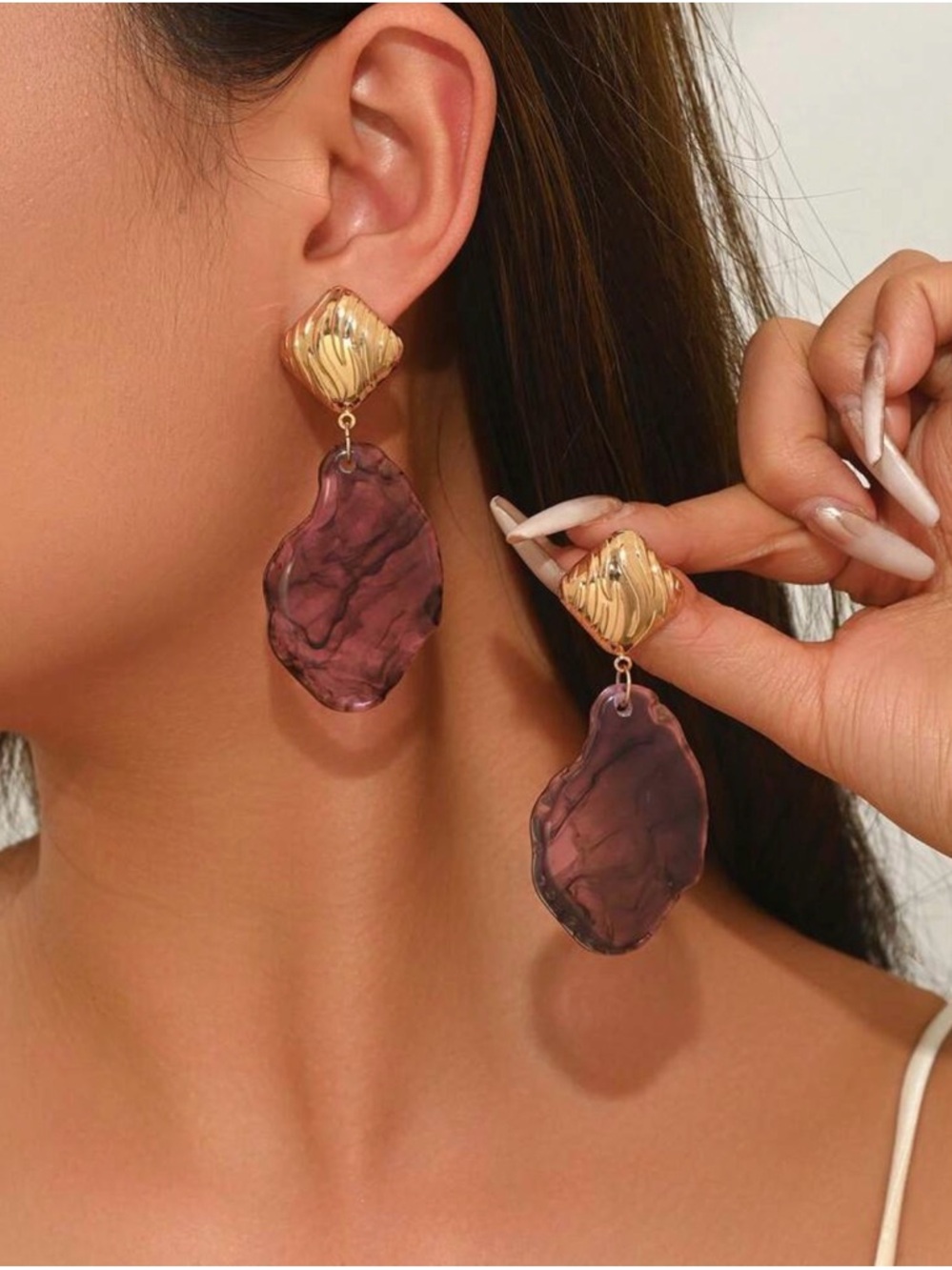 Gold and Plum Drop Statement Earrings - Women Jewelry